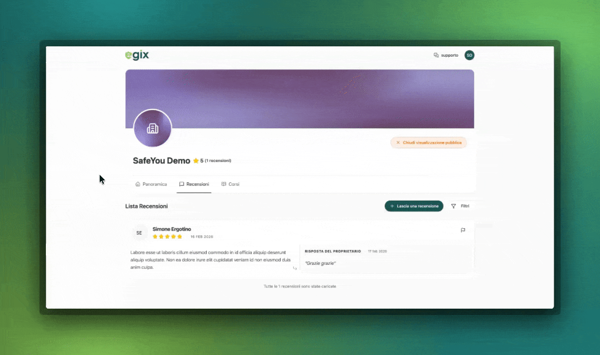 Pagina per ricevere le recensioni